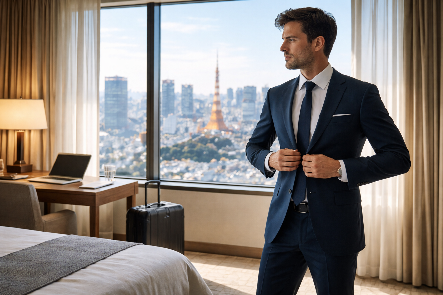 Confident business executive in Tokyo hotel room ready for meetings after recovery
