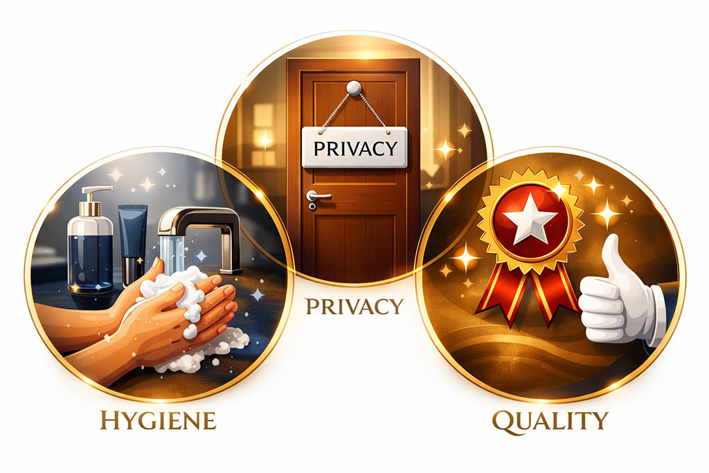 Visual concept of the three pillars: hygiene, privacy, and quality