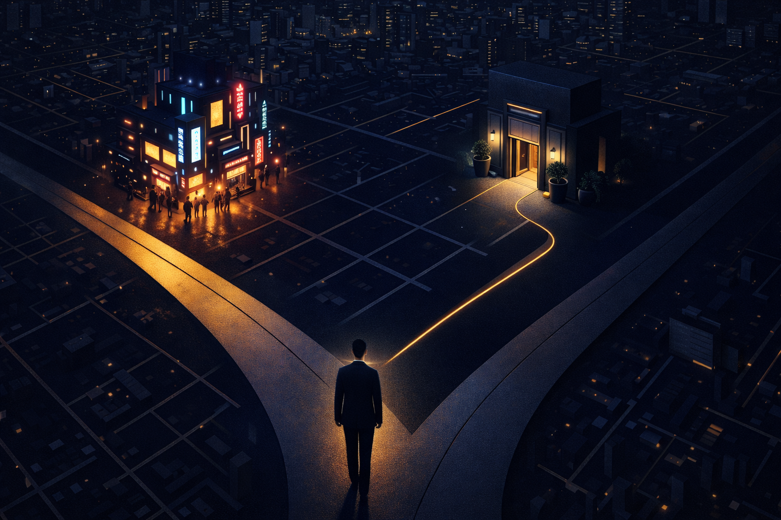 Two-path decision concept in Roppongi: bar gamble versus guaranteed private professional experience