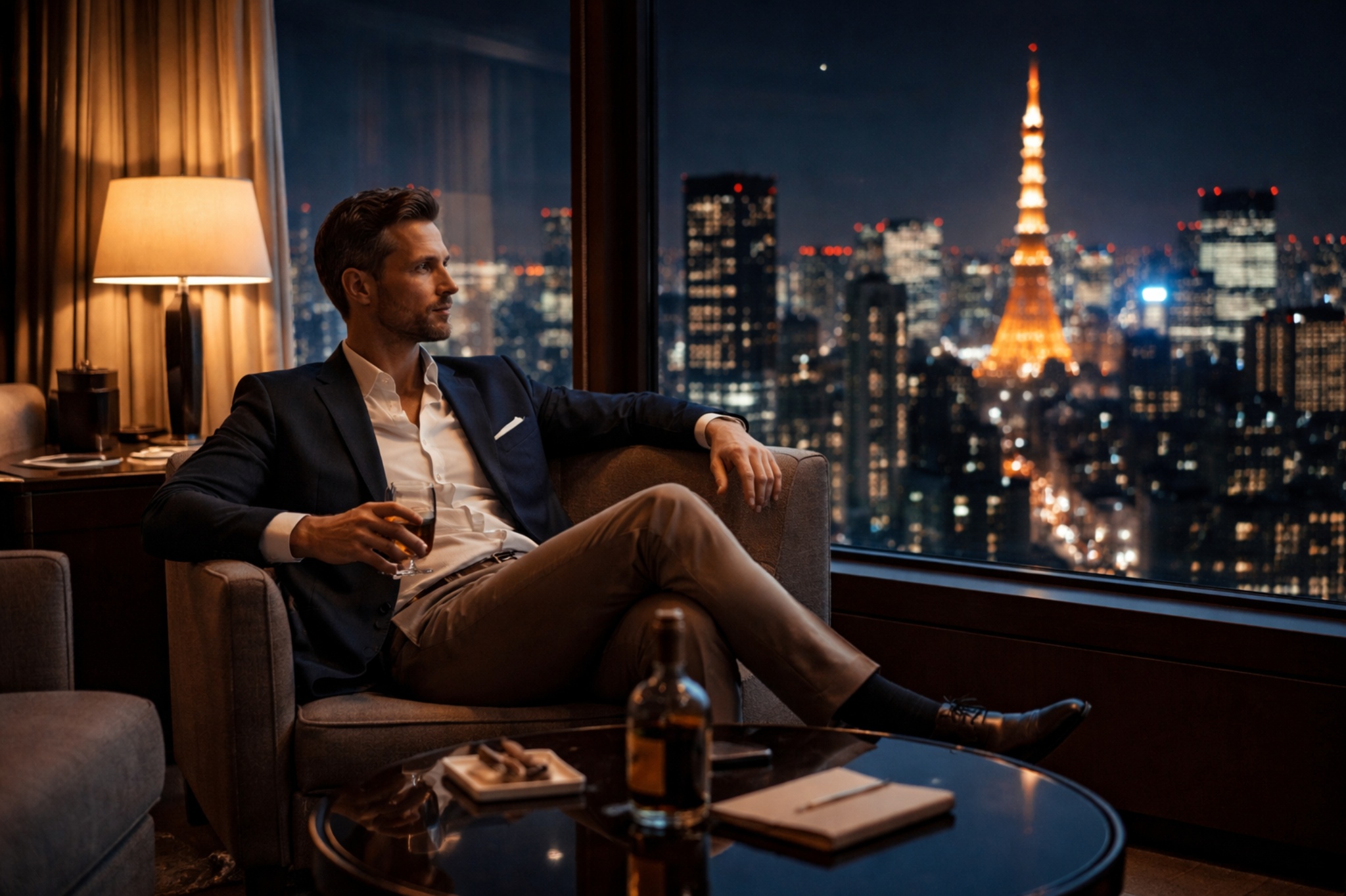 Executive relaxing in a Tokyo hotel room planning a discreet, high-end evening
