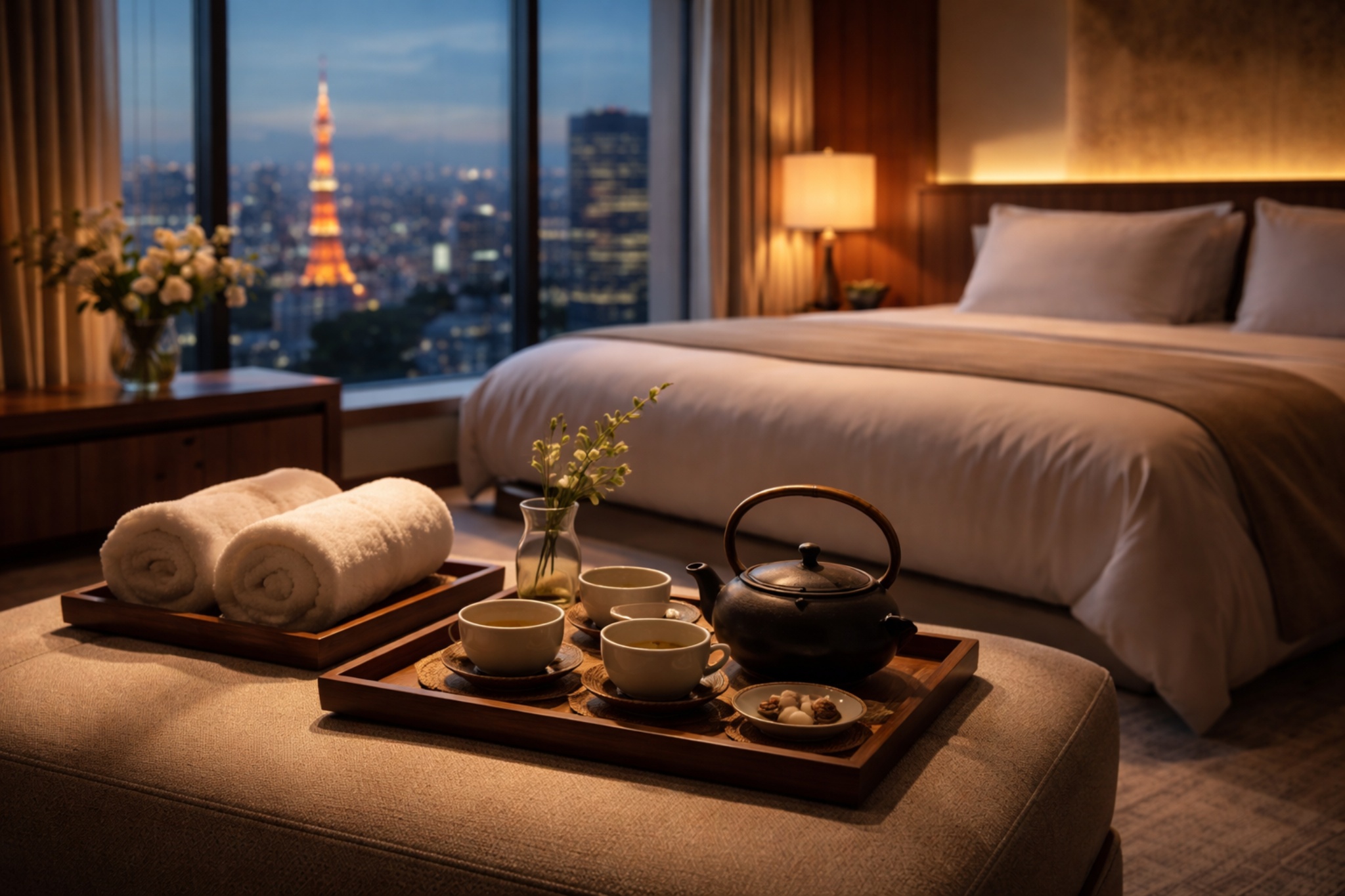 Omotenashi concept representing refined Japanese hospitality in a private hotel-room setting