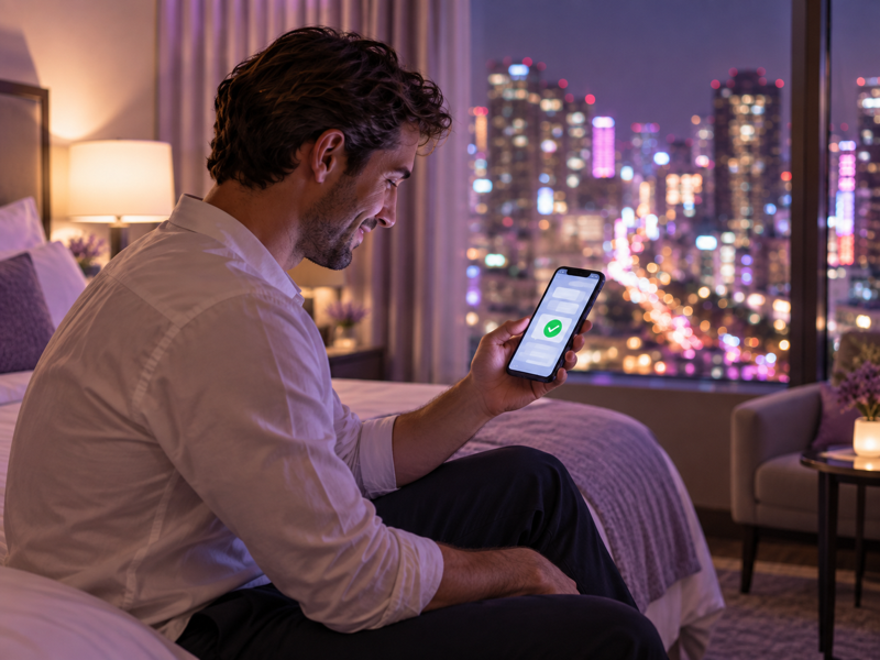 Hotel guest smiling while viewing a booking confirmation on his smartphone