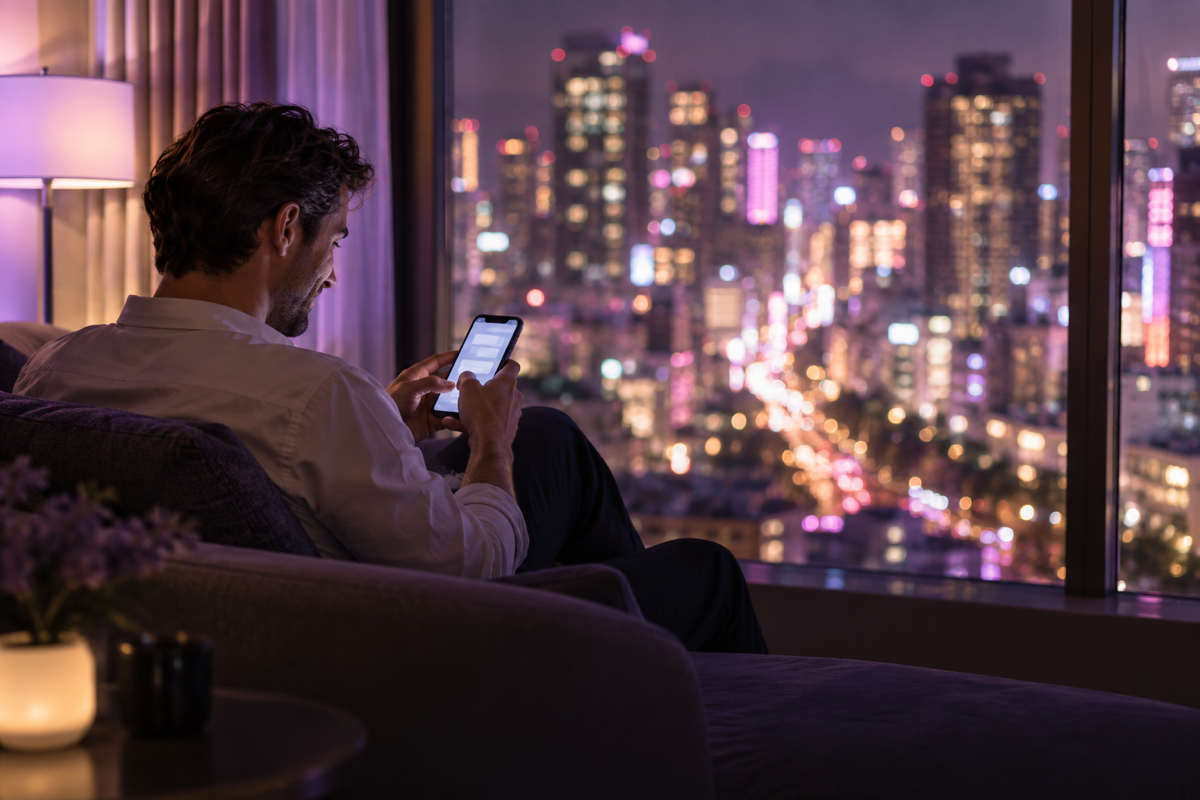 Traveller sending a booking message from his hotel room window above Shibuya at night