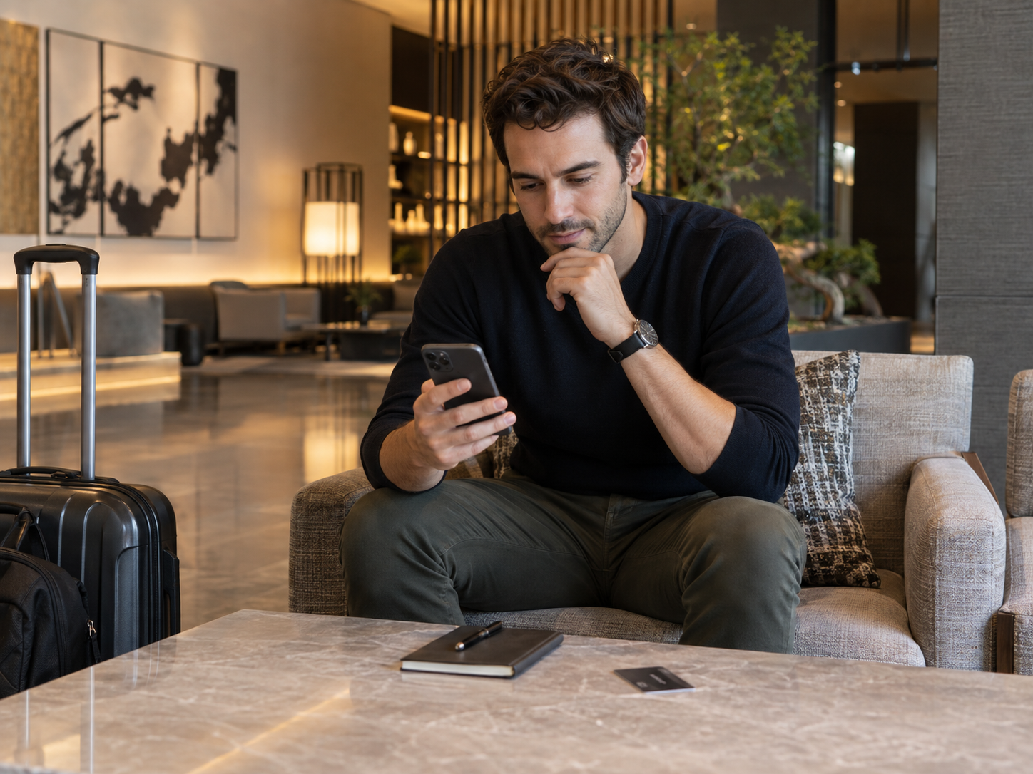 Adult traveller reviewing booking information on a smartphone in a hotel lounge