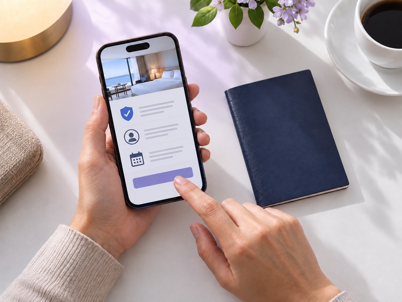 Traveler reviewing booking details and identification requirements on a smartphone