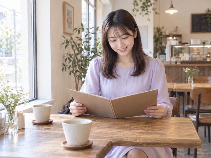 Adult woman reading a menu at a café table