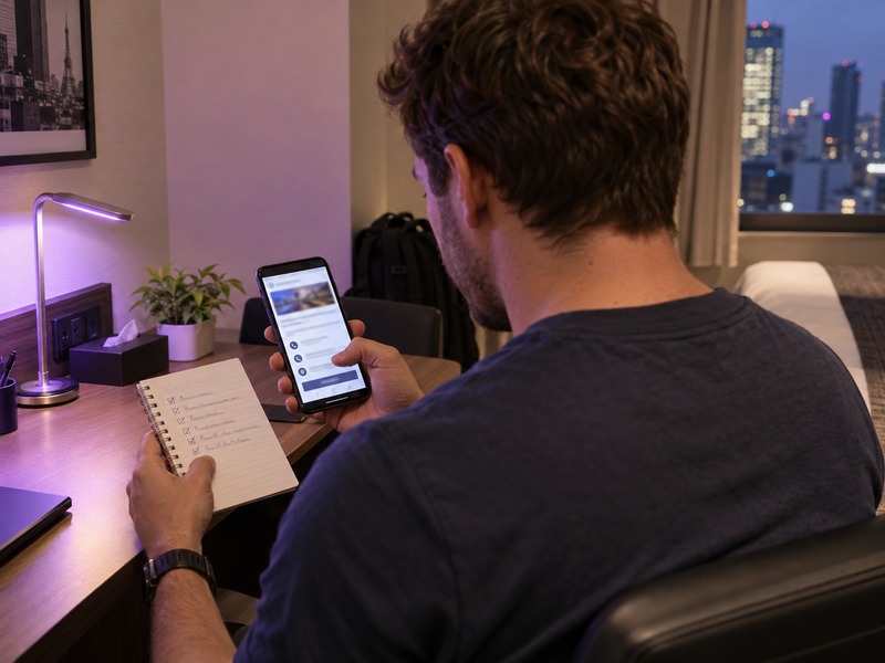 An adult traveller reading information on a smartphone in a hotel room