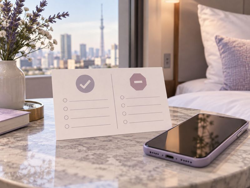 A hotel-room booking card with clear approved and not-included sections beside a phone