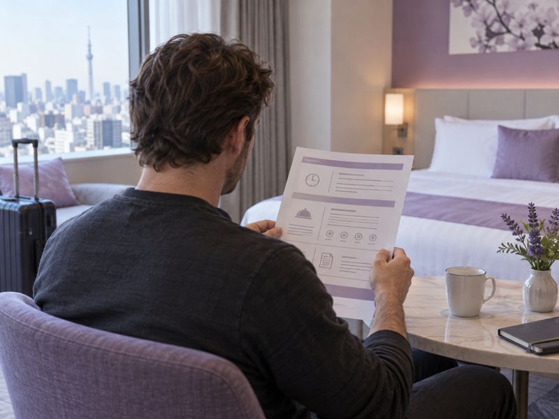 A traveler reviewing a clearly divided course menu with time, included items, options, and rules