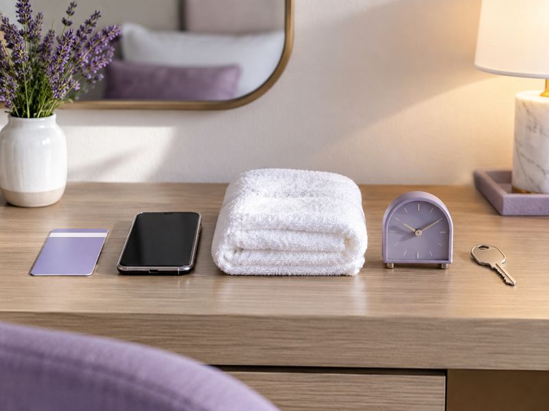 A calm hotel-room timeline showing arrival, confirmation, preparation, time together, and departure