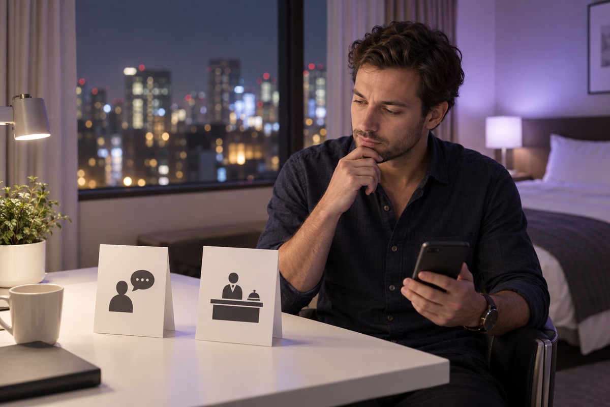 A traveler comparing two outcall booking paths in a Tokyo hotel room