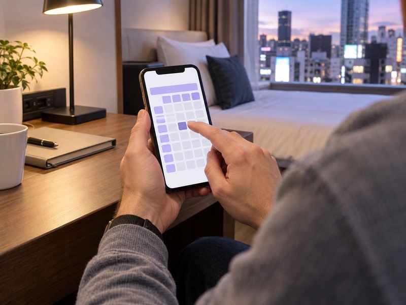 A traveler reading a course price table on a phone in a Shibuya hotel room
