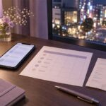 A smartphone, receipt and course price grid on a lavender hotel desk at night