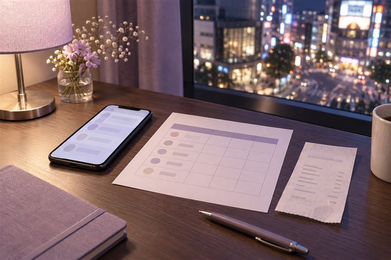 A smartphone, receipt and course price grid on a lavender hotel desk at night