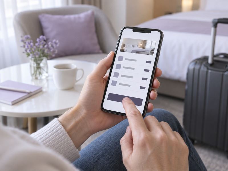 A traveler checking a four-line booking total on a smartphone