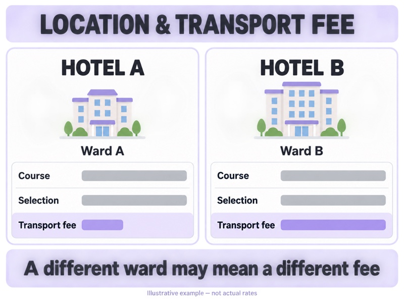 Illustrative quotes for hotels in two different wards, with equal course and selection rows and different transport-fee bars