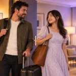 Two adult travellers arriving at a hotel interior