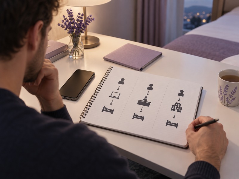 Traveler comparing three booking paths on a smartphone and notebook