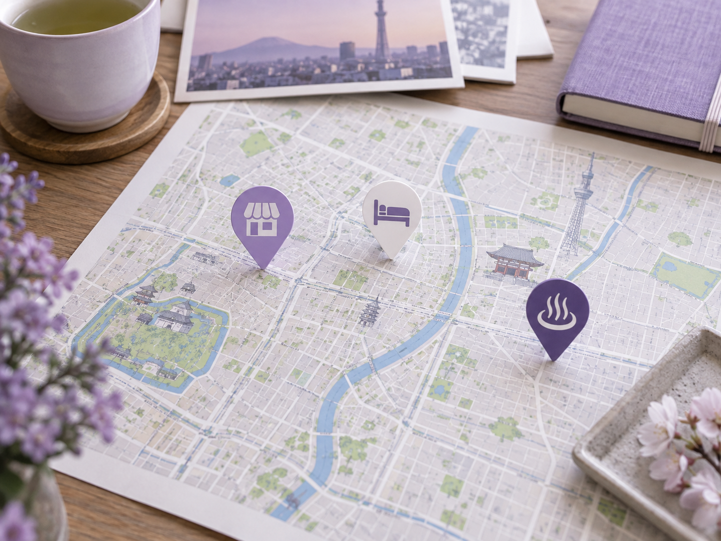 A minimal Tokyo nightlife map with three distinct venue markers