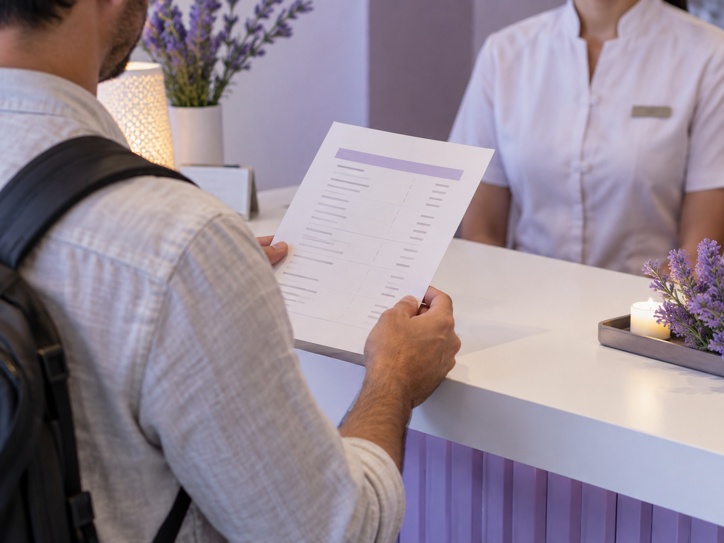 A visitor reviewing a simple price list at a reception desk