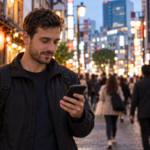 International adult traveller checking clear booking information on a phone in Shibuya at night