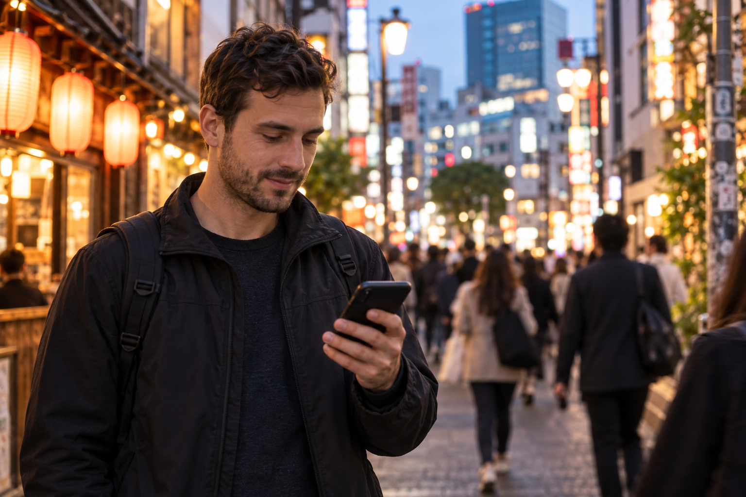 International adult traveller checking clear booking information on a phone in Shibuya at night