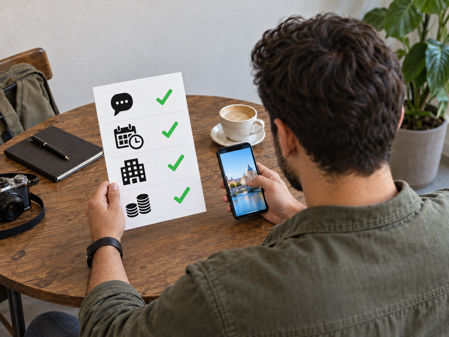 Adult male traveller reviewing a checklist for communication, schedule, hotel and price