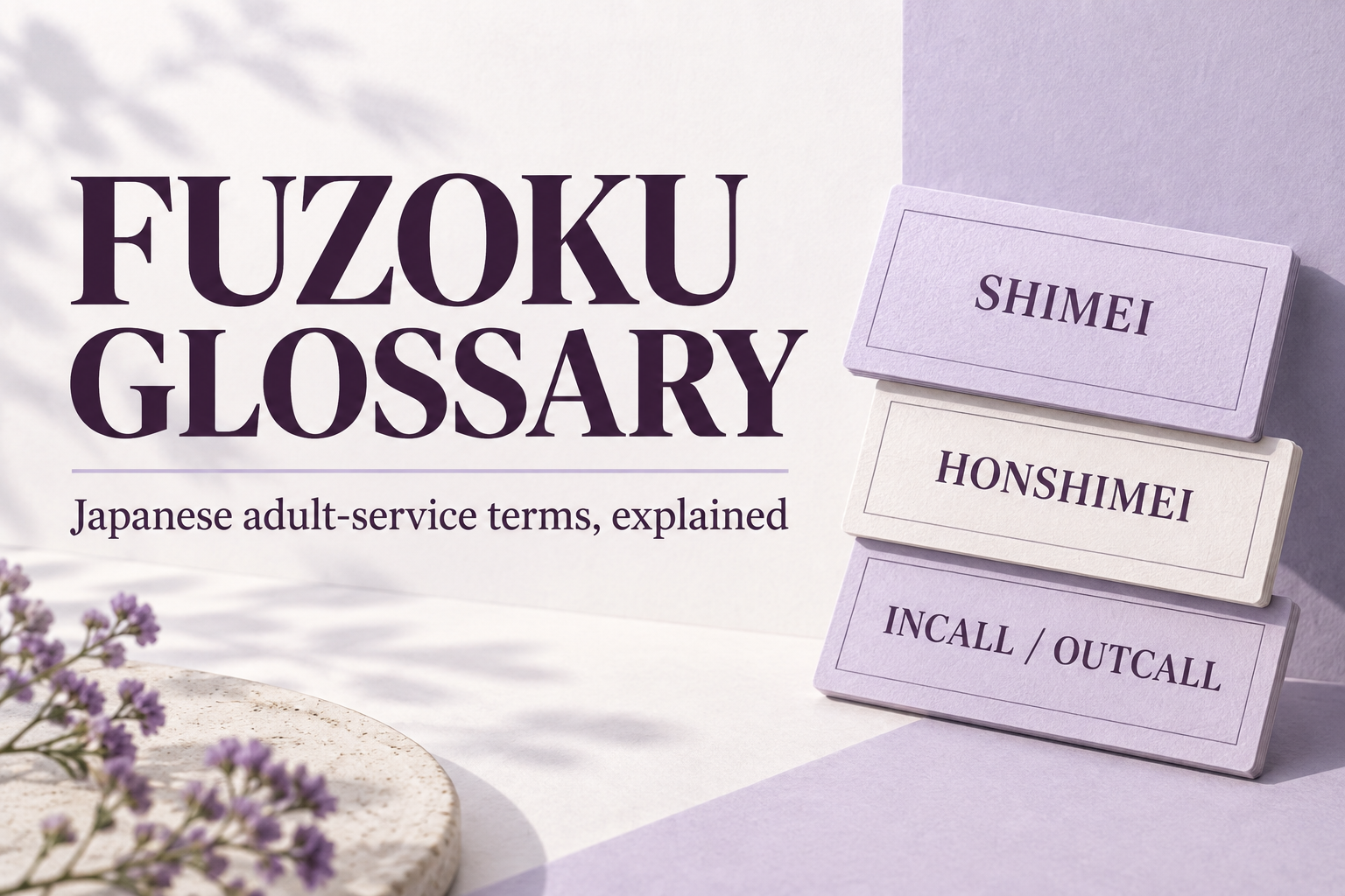 Fuzoku Glossary cover with English title and cards for shimei, honshimei and incall / outcall