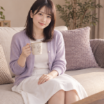 A woman holding a mug in a softly lit sitting room.