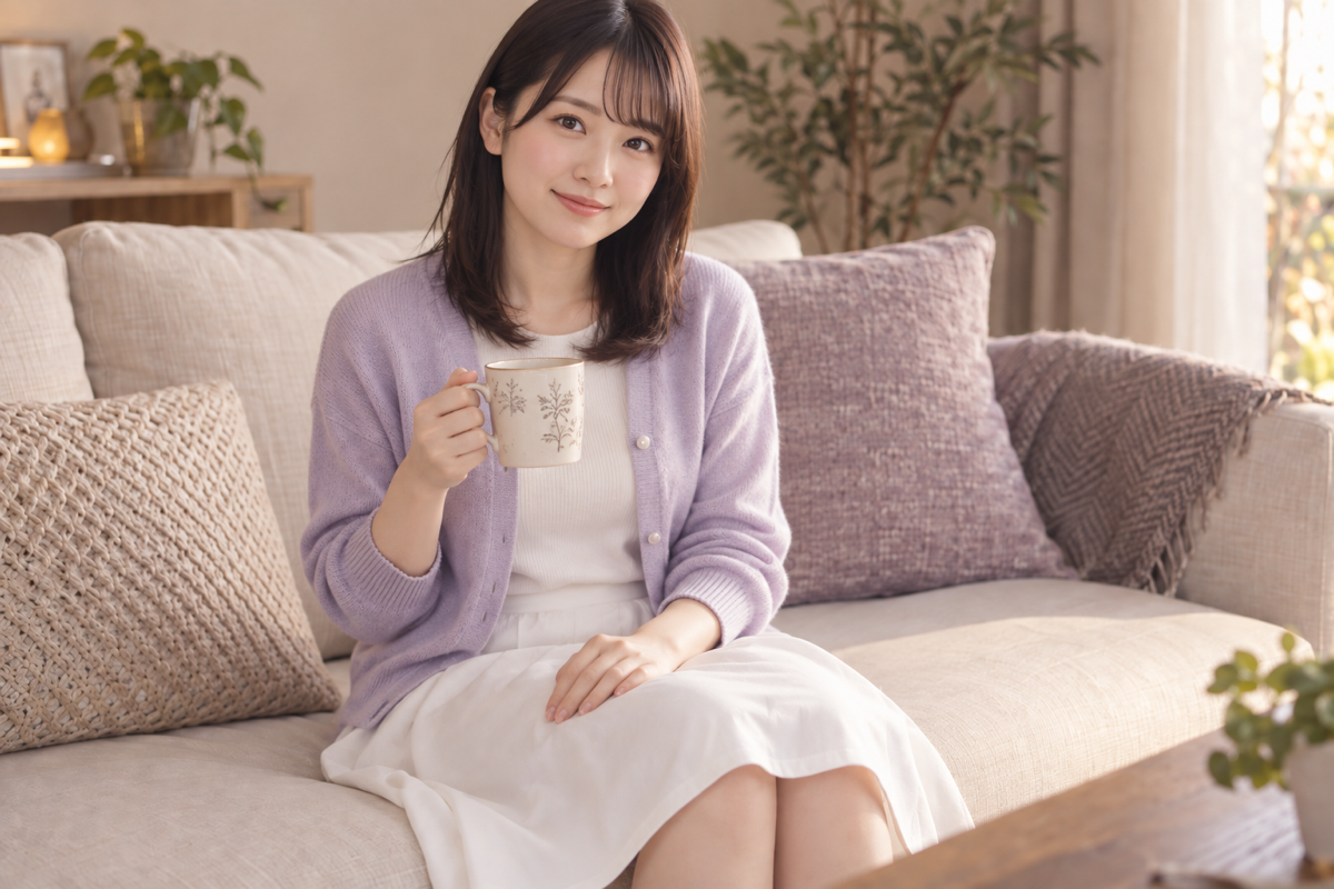 A woman holding a mug in a softly lit sitting room.