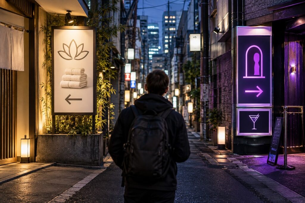 Shibuya at night with two contrasting service signs representing different business categories