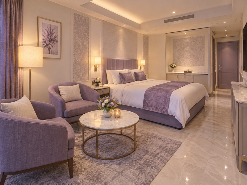 A decorated hotel room with a bed, separate seating and warm lighting