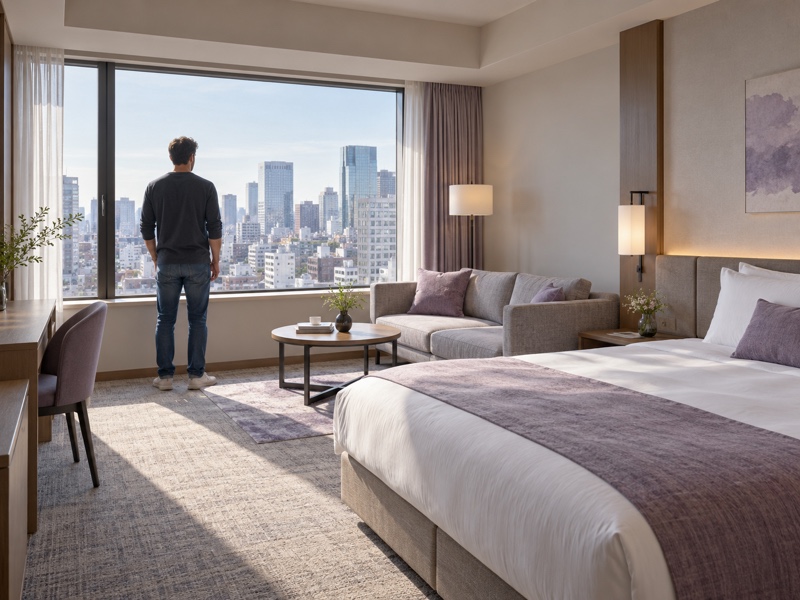 An adult traveller beside a large window in a city-hotel room with a sofa and table