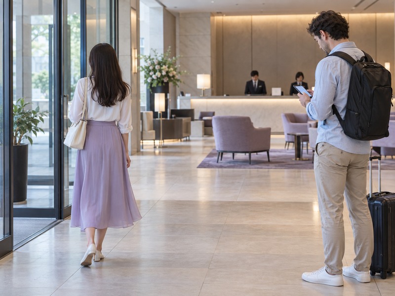 Adult Japanese woman arriving at a modern hotel lobby while a traveler checks a phone
