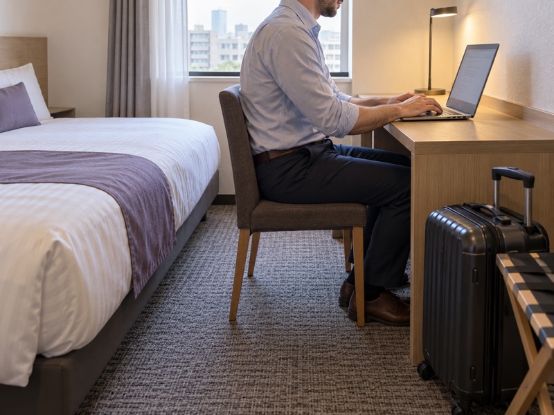 An adult traveller using a desk in a compact hotel room, with a suitcase on the floor