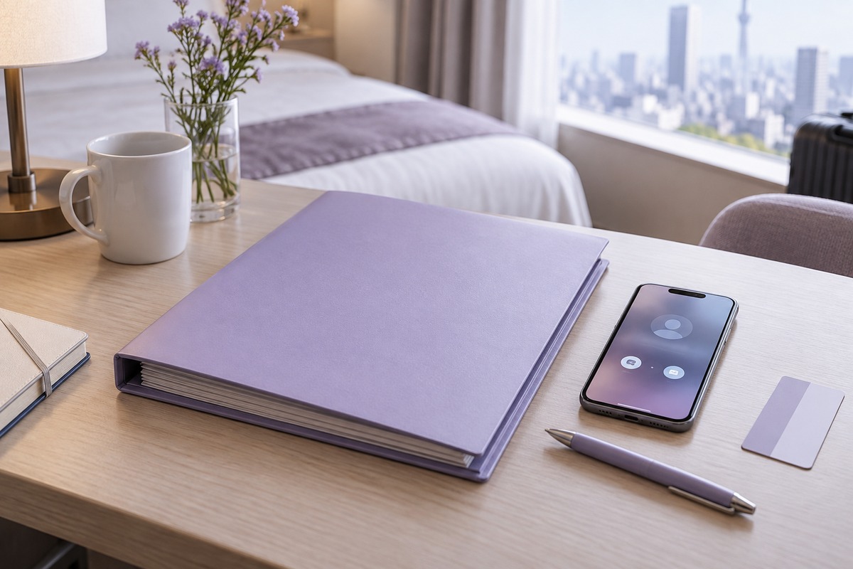 A hotel key card, smartphone and folder illustrating the legal framework of an outcall business