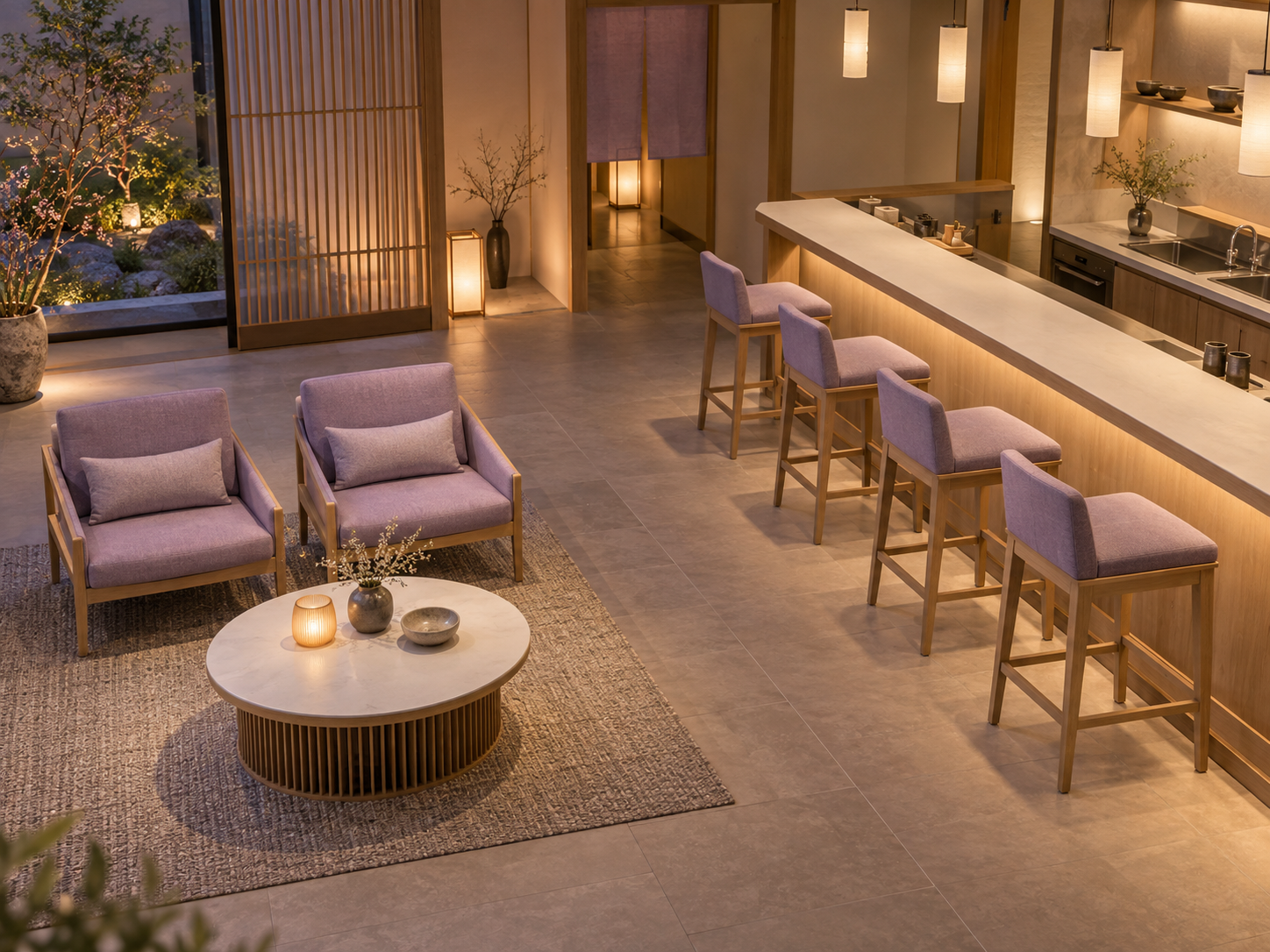 Empty lounge seating beside a bar counter