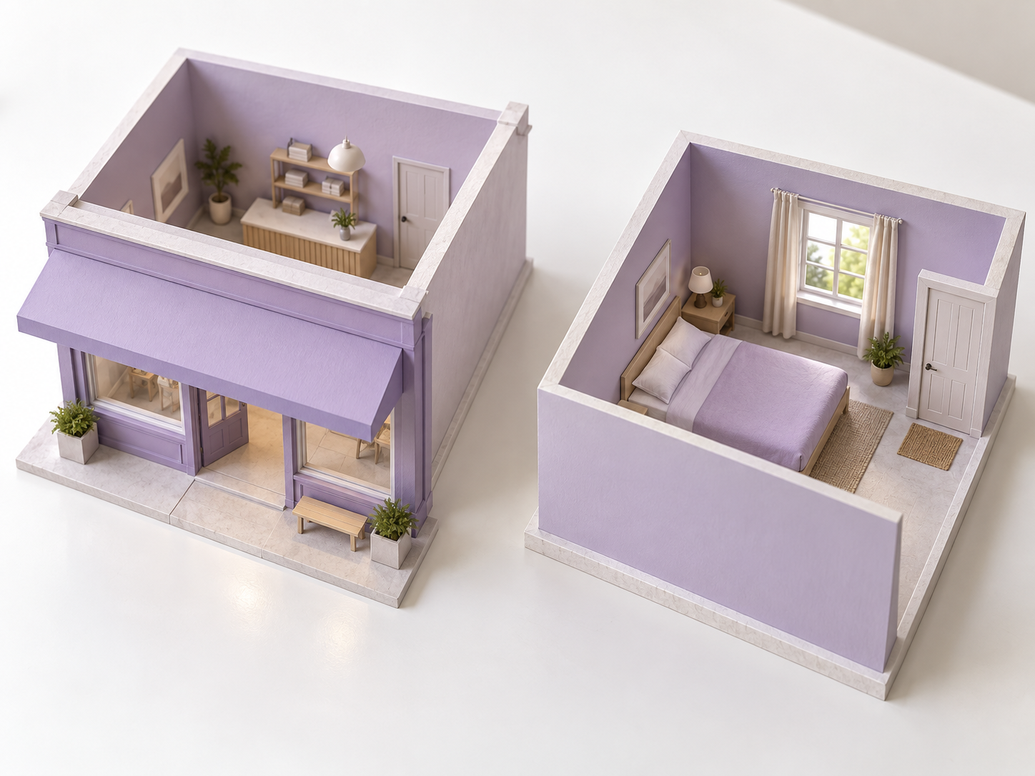 Miniature storefront interior beside a separate bedroom interior