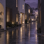 Illustrated fictional night street with varied unmarked entrances in lavender and white
