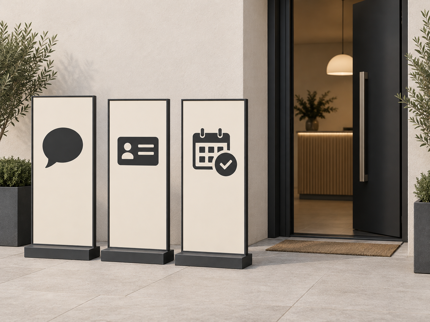 Illustrative entrance display with symbols for communication, identification and a confirmed reservation