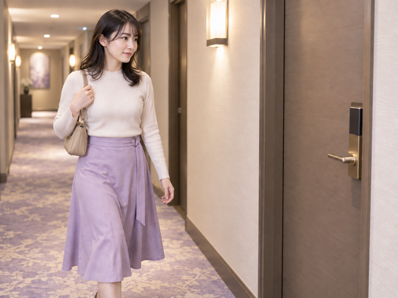 Adult woman walking through a hotel corridor