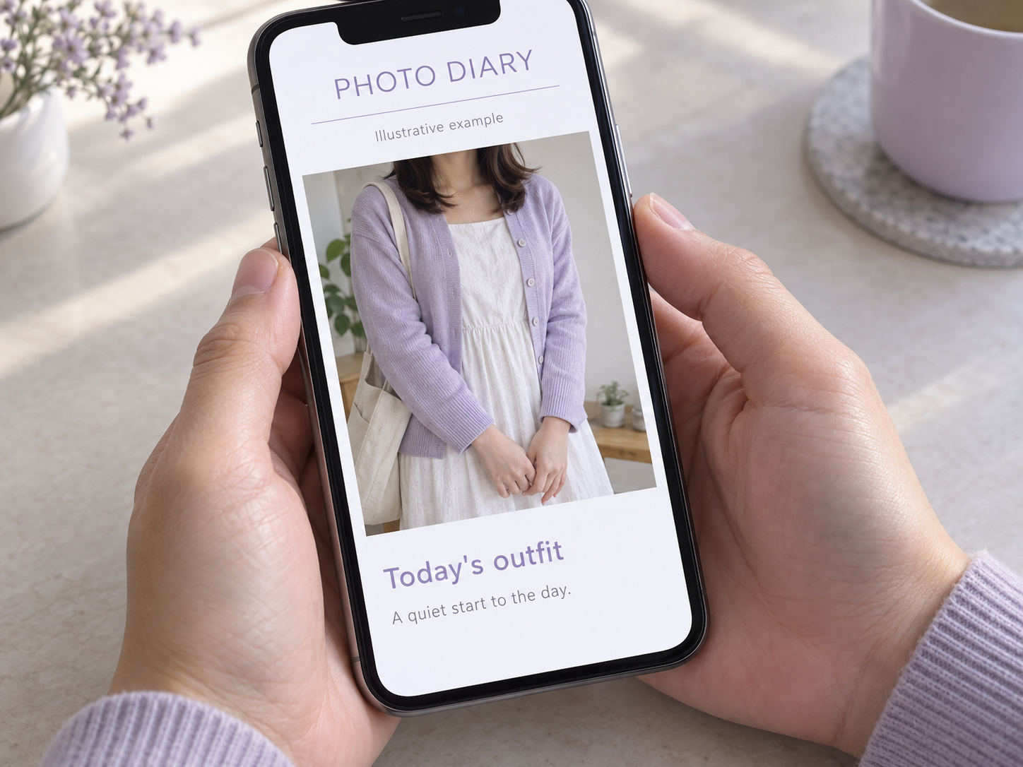 Smartphone displaying an illustrative photo-diary post with an outfit photograph and short text