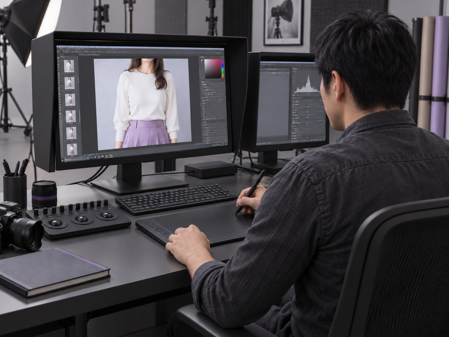 Photo retoucher working at a professional studio workstation with two monitors and a pen tablet