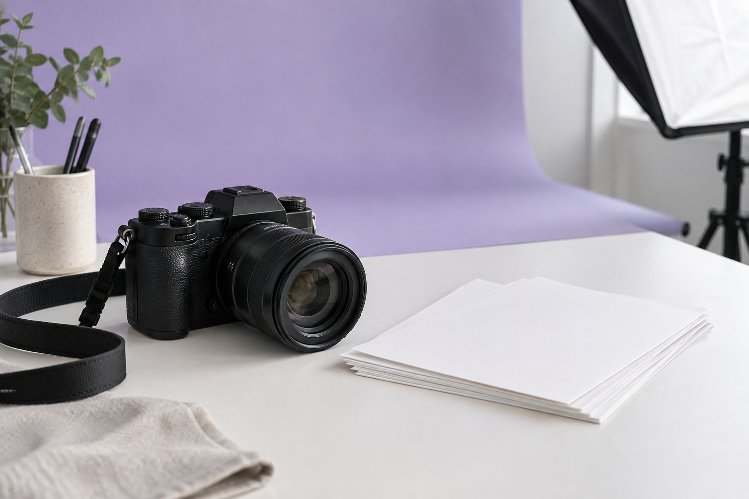 Camera and blank photo paper in a lavender-toned studio