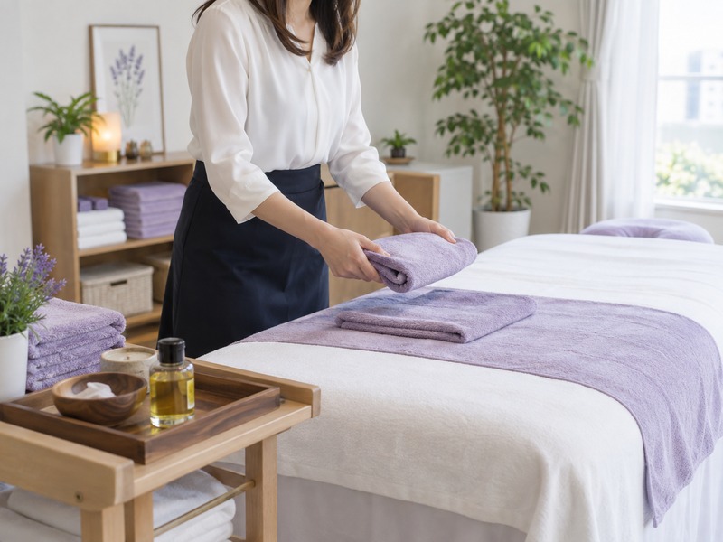 A Japanese relaxation provider preparing towels in a calm treatment room without showing her face