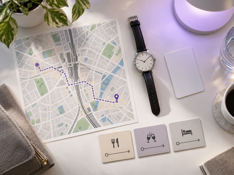 A Shibuya street map beside a hotel key card and a simple evening timetable