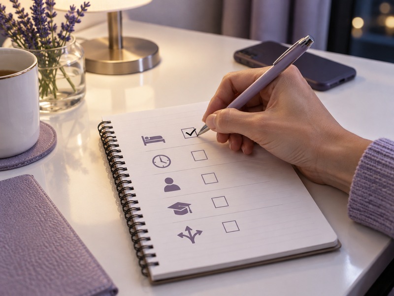 A hand marking a five-item booking checklist on a hotel desk