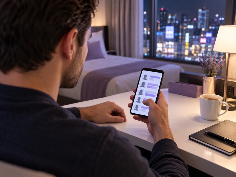 A visitor checking a same-night schedule on a phone in a Shibuya hotel room