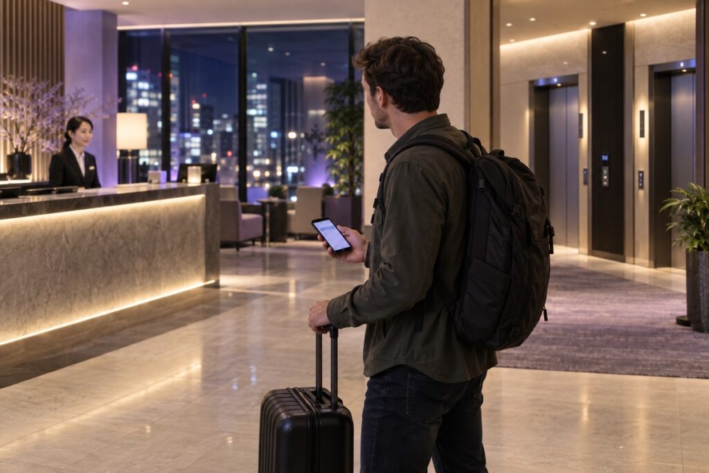 An illustrative hotel lobby with an adult traveller at the front desk