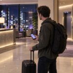 An illustrative hotel lobby with an adult traveller at the front desk
